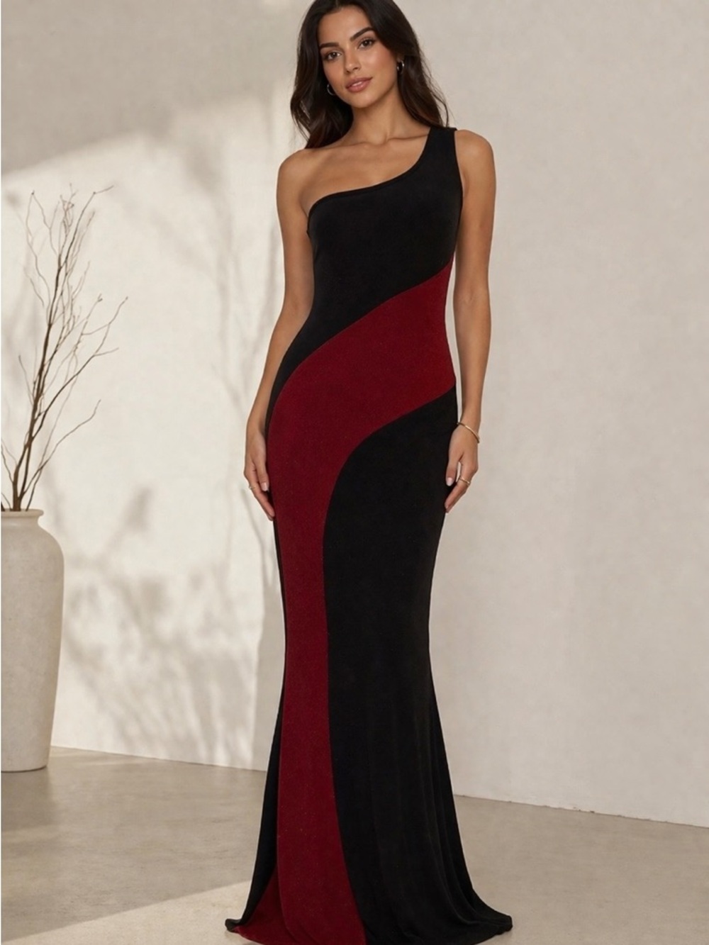 VTG Elegant One-Shoulder Black Burgundy Sparkle Black Tie Gala Glam Dress 90s